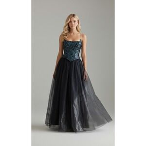 Vintage 90s Bari Jay Sequin Tulle Ball Gown Teal Black Prom Formal Dress Sz 3/4